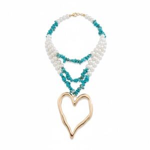 NWT Statement Heart Necklace Faux Pearls Turquoise Beads Silver Tone Romantic